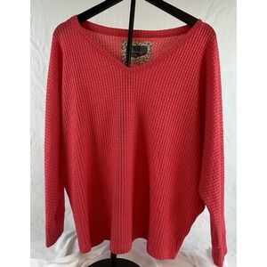 Anthropologie  Waffle Knit V-Neck Coral Pink Pullover Top Large